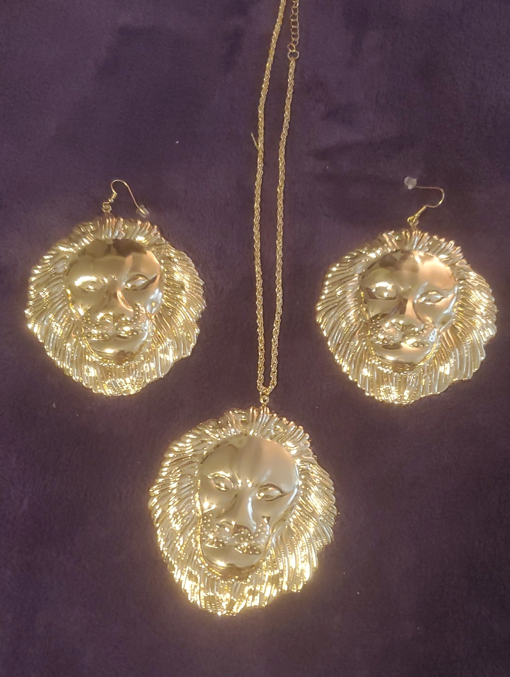 Gold Lion Head Pendant Necklace and Earring Set